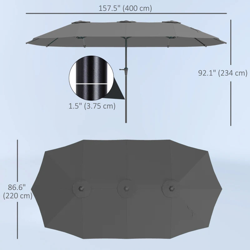 13ft Double-Sided Patio Umbrella with Crank Handle, for Poolside, Deck, Garden, Light Grey