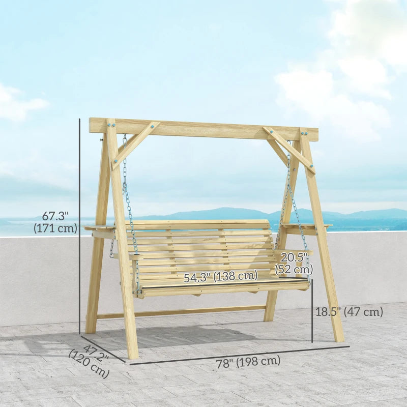 3 Seat Wooden Porch Swing with Stand, Patio Swing with Side Tables, for Garden, Poolside, Backyard, Natural Wood