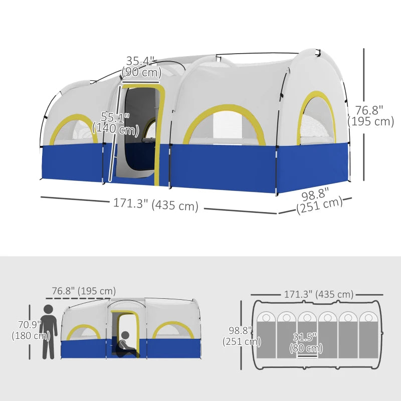 4-6 Person Camping Tent, 3 Room Cabin Tent, 3000mm Waterproof and UPF30+ with Sewn in Groundsheet and Carry Bag, Blue