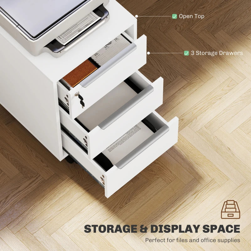 3-Drawer File Cabinet with Wheels, Vertical Filing Cabinet with Lock, White