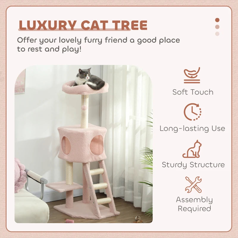 47" Tall Cat Tree Tower with Condo, Ladder, Scratching Posts and Hanging Ball, Pink