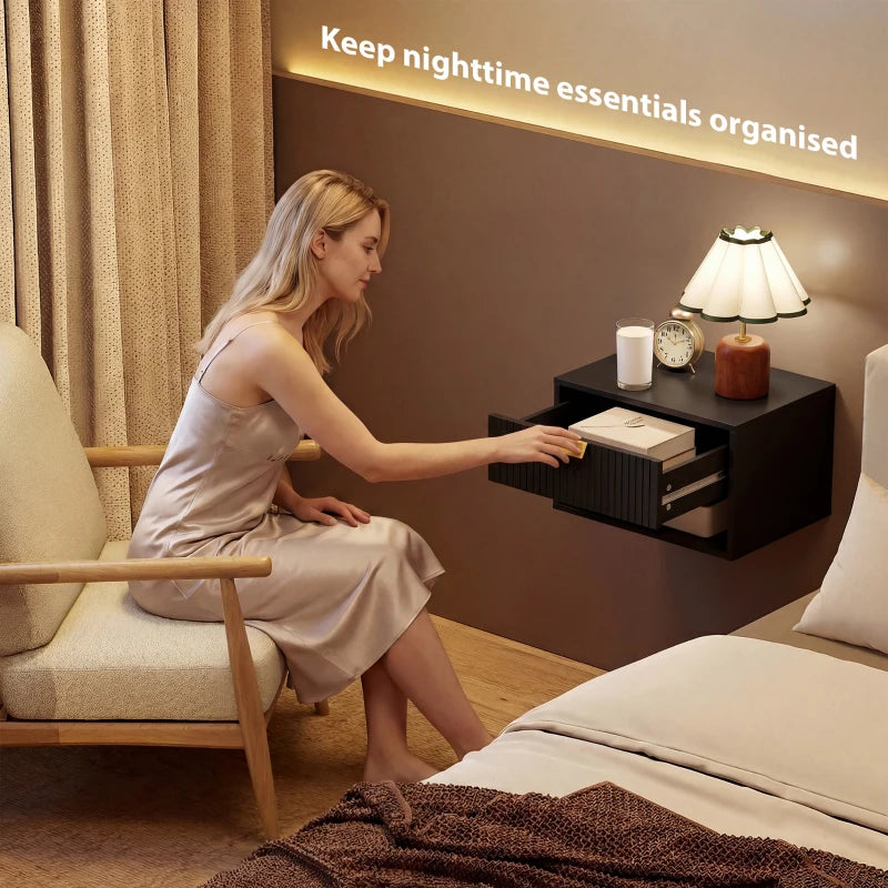 Set of 2 Wall Mounted Bedside Tables, Floating Nightstands with Fluted Drawer and Open Shelf for Bedroom, Black