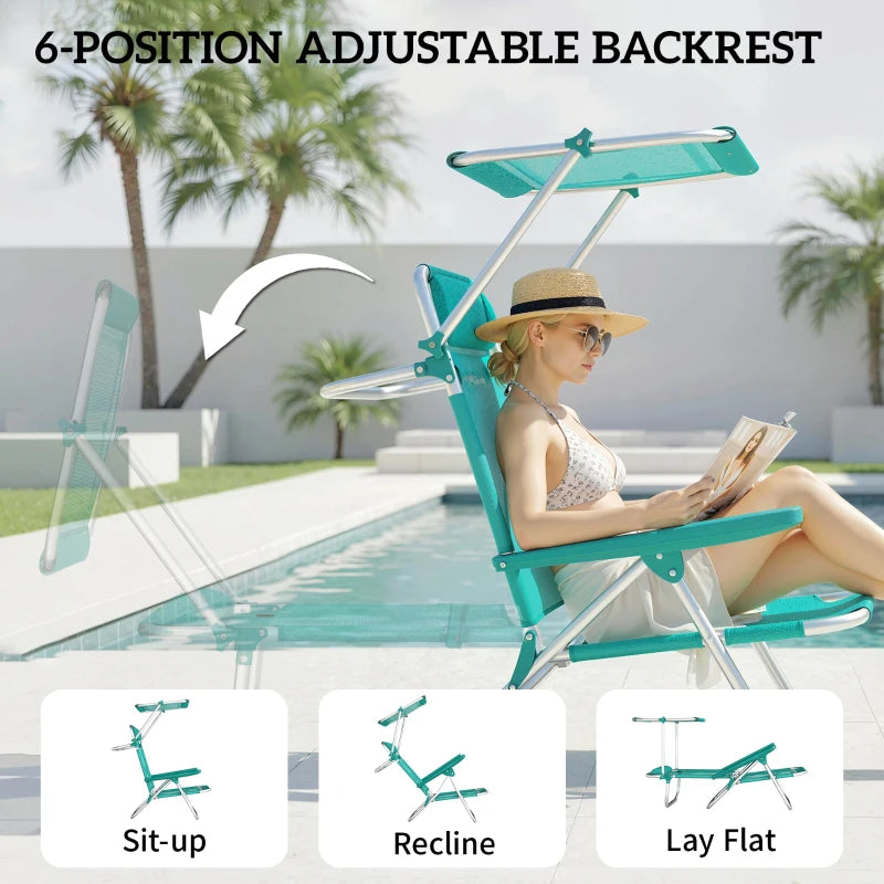 2 Piece Folding Beach Chairs with Adjustable Canopy, 6-Position Reclining Lounge Chair with Headrest, Turquoise