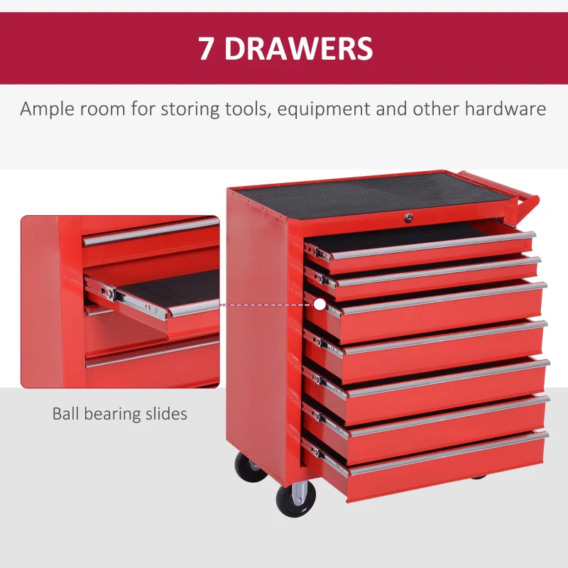 7 Drawer Roller Tool Chest, Mobile Lockable Toolbox, Storage Organizer with Handle for Workshop Mechanics Garage, Red