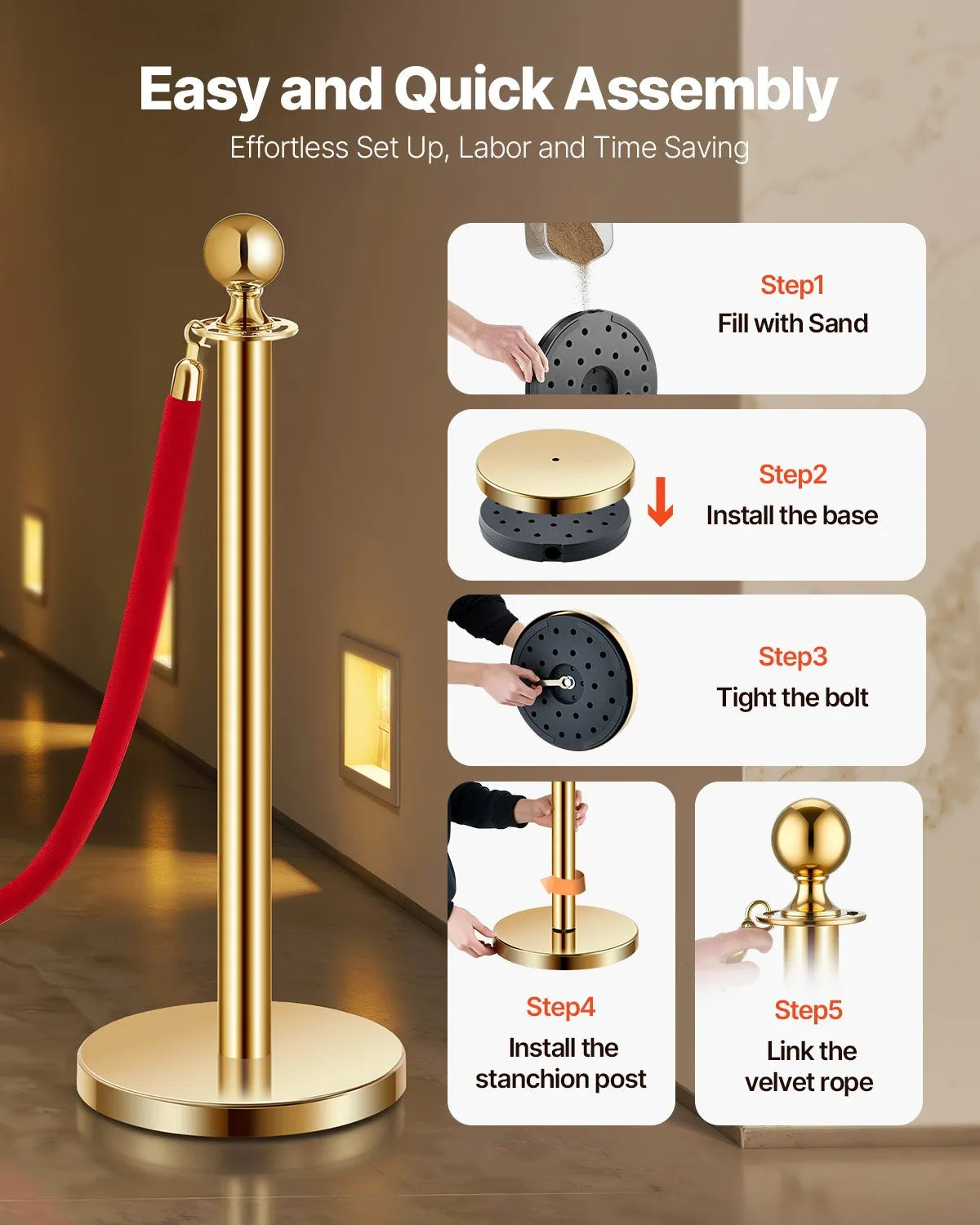 VEVOR 8 Pcs Gold Stanchion Post 6 Red Velvet Ropes Sand Injection Hollow Base