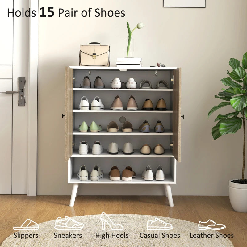 Shoe Storage Cabinet, 5-Tier Shoe Rack Cabinet with Doors, Adjustable Shelves, 15 Pairs, for Entryway, Natural Tone