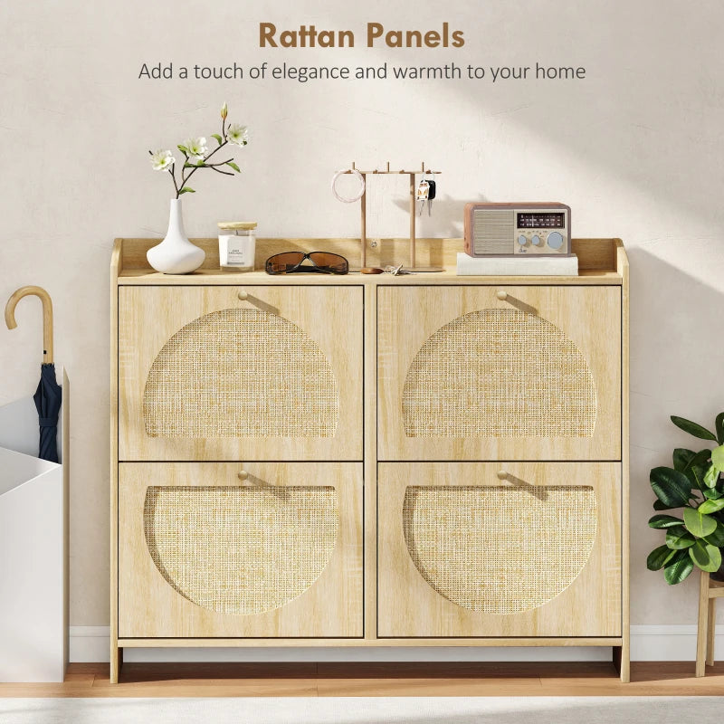 4 Flip-Drawer Shoe Cabinet, Shoe Storage Cabinet with Rattan Doors and Adjustable Shelves, Holds 16 Pairs, Natural