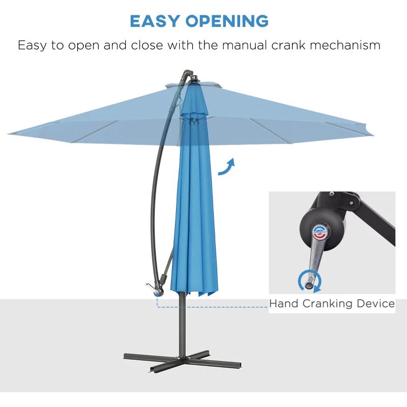 10' Deluxe Patio Umbrella, Outdoor Market Parasol, Banana Hanging Offset Sunshade with Crank, Cross Base, Blue