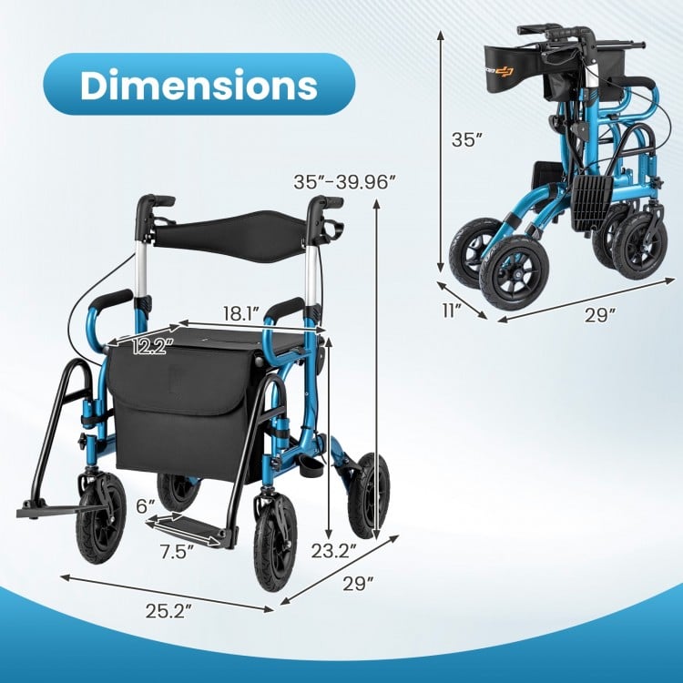 2-in-1 Foldable Rollator Walker with Seat abd 9 Inch Pneumatic Tires for Seniors-Navy