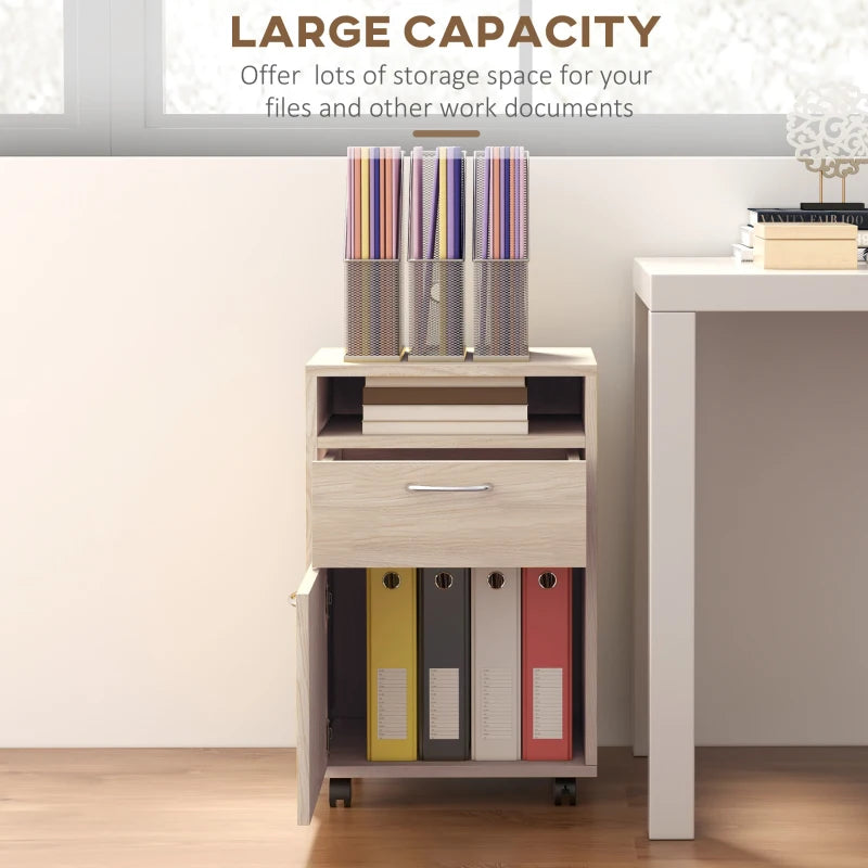 24" Small Filing Cabinet with Open Compartment, Drawer and Wheels, Home Office Storage Cabinet, Oak