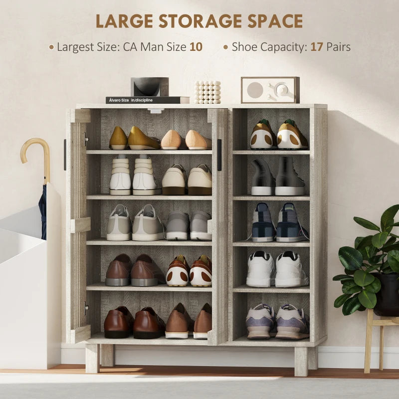 Shoe Storage with Double Doors and Open Shelves 17 Pair Shoe Storage Organizer for Entryway Hallway Light Grey