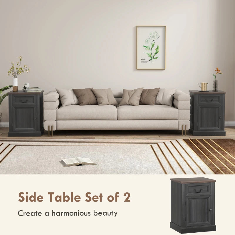 Side Table Set of 2, End Tables with Drawer and Cabinet, Nightstands for Small Spaces, Living Room, Black
