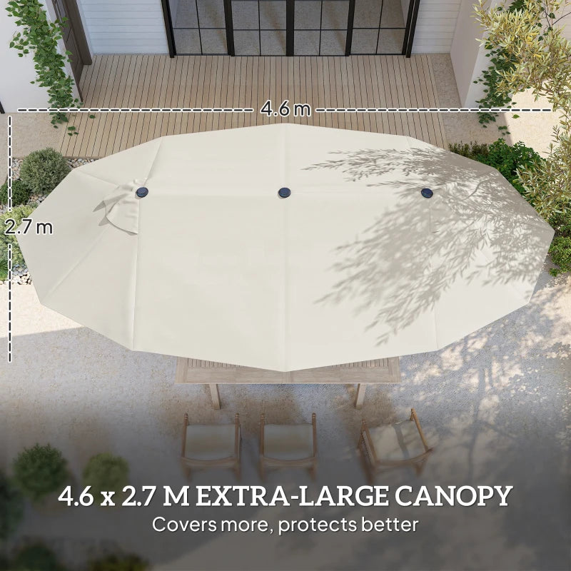 15' Outdoor Patio Umbrella with Twin Canopy Sunshade Steel Table Umbrella w/ Lift Crank, Cross base, Sandbag, Cream