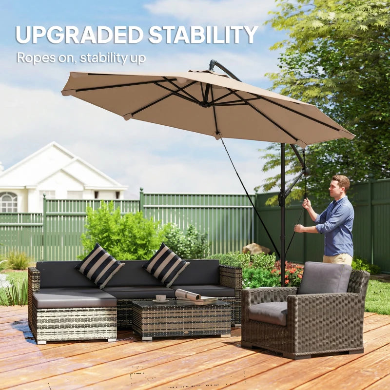 10FT Cantilever Patio Umbrella with 8 Ribs, Offset Patio Umbrella with Cover and Wind Ropes for Garden, Yard, Khaki