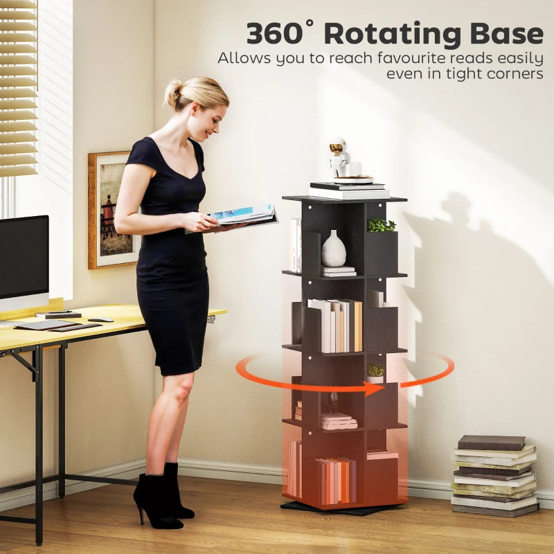 360° Rotating Bookcase with Anti-Tipping Straps, Anti-Slip Foot Pads, 4 Tier Bookshelf with 16 Cubbies for Books, Plants, Decorations, Black