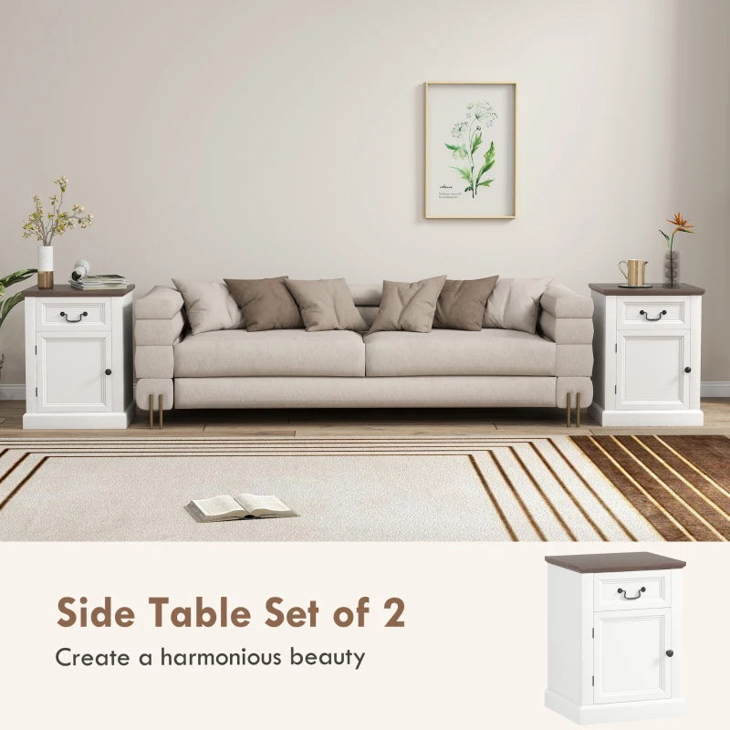 Side Table Set of 2, End Tables with Drawer and Cabinet, Nightstands for Small Spaces, Living Room, White