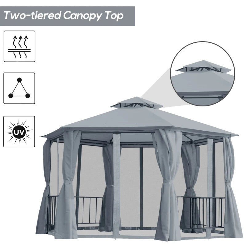 13ft Hexagon Gazebo Outdoor Canopy Shelter with Netting and Shaded Curtains Grey