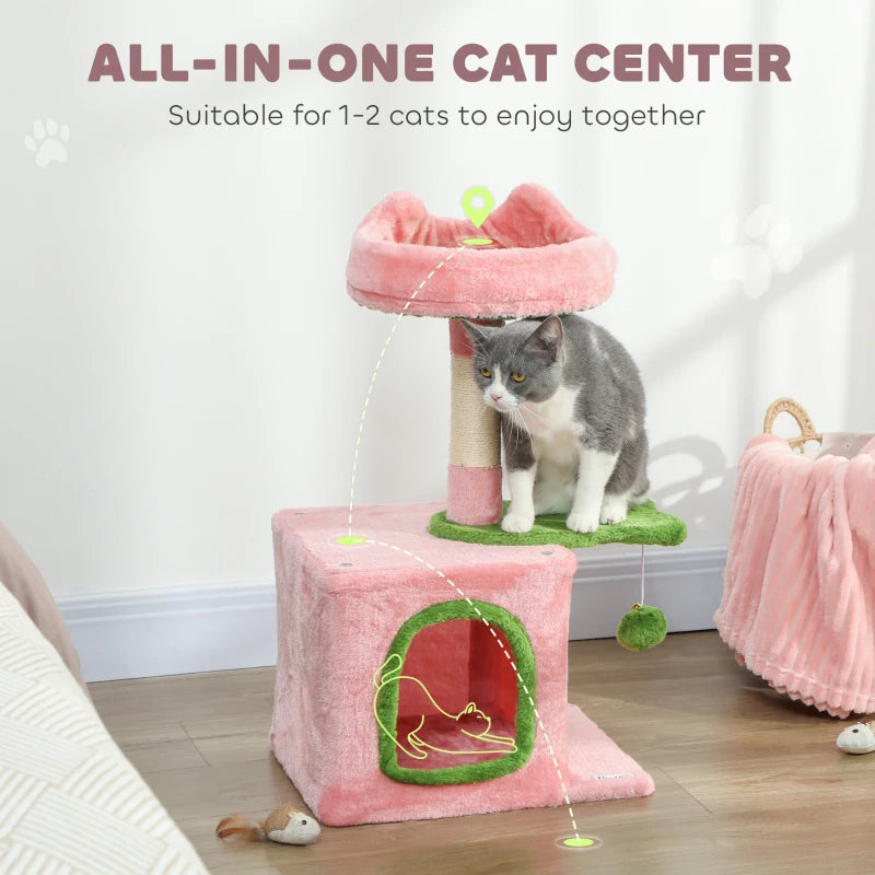 28" Cat Tree Tower with Plush Top Bed, Cozy Condo, Sisal Scratching Post, Perch, Dangling Ball, Pink & Green