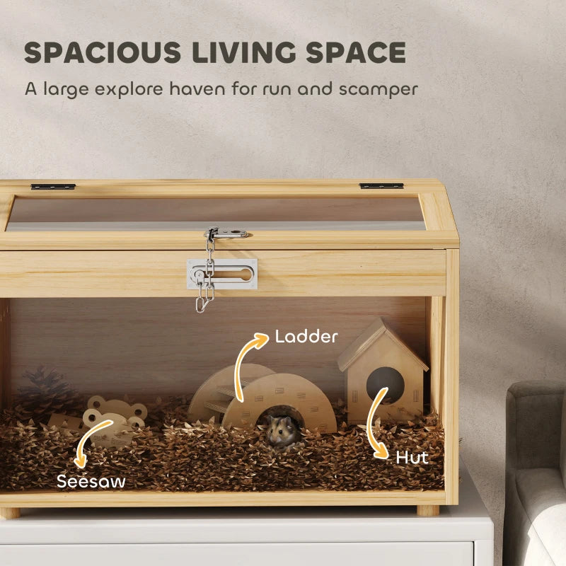 22"L Hamster Cage with Openable Top & Acrylic Windows, Small Animal Cage with Hut, Seesaw, Ladder, Natural Wood