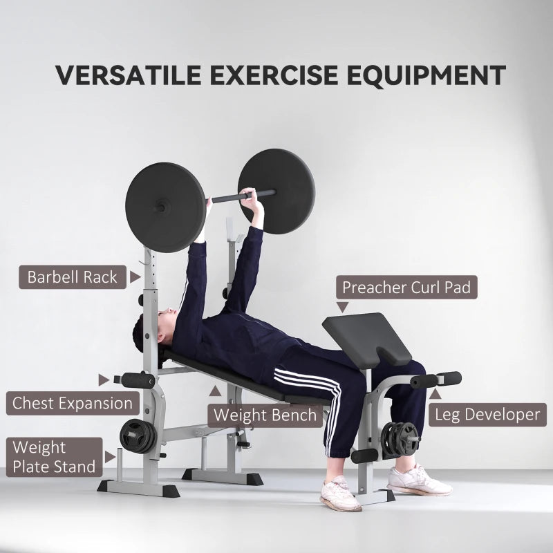 Soozier Bench Press Set Adjustable Weight Bench with Squat Rack, Preacher Curl Pad, Leg Developer and Weight Storage, Grey