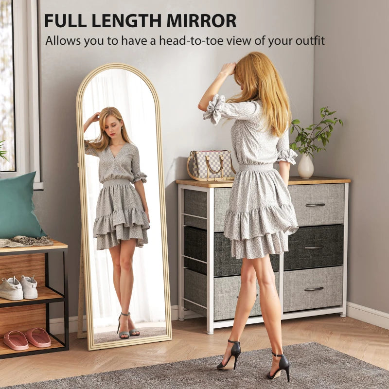 64" x 21" Full Length Mirror, Free Standing, Leaning or Wall, Arched Full Body Mirror with Faux Stone Frame, Beige
