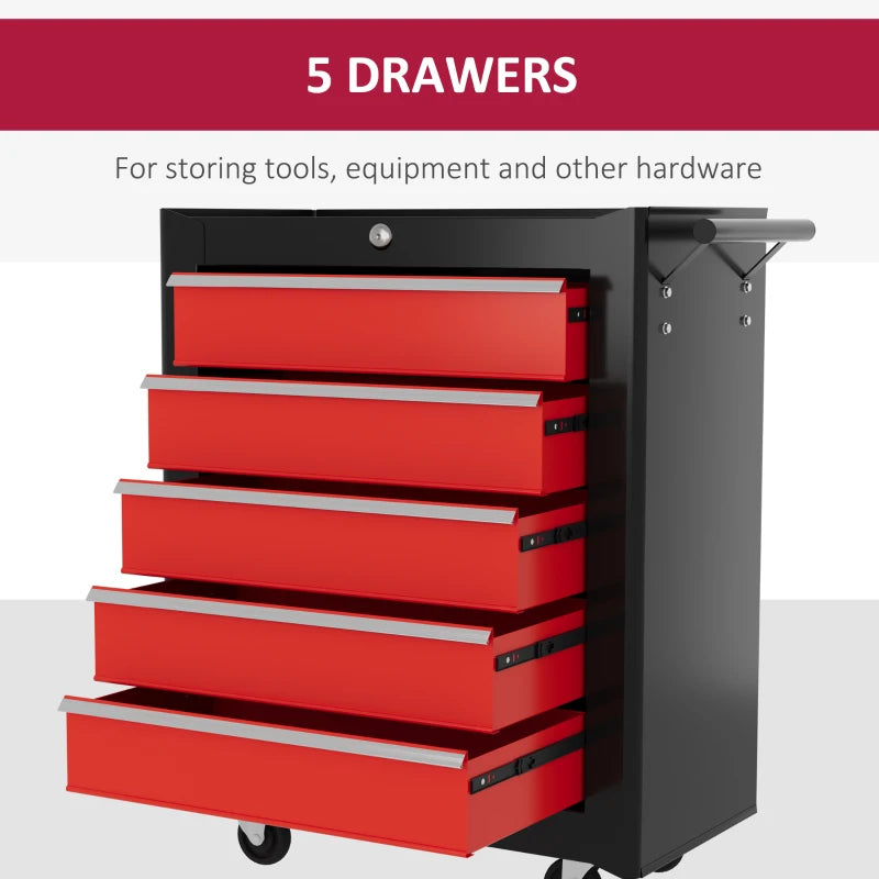 5 Drawer Roller Tool Chest, Lockable Toolbox, Storage Organizer with Handle for Workshop Mechanics Garage, Black and Red