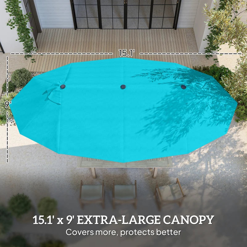 15' Outdoor Patio Umbrella with Twin Canopy Sunshade Steel Table Umbrella w/ Lift Crank, Cross base, Sandbag, Light Blue
