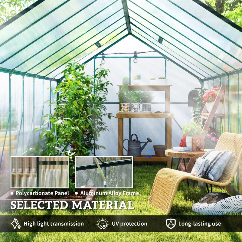 16' x 8' Aluminum Polycarbonate Greenhouse Walk-in Garden Greenhouse Kit with Adjustable Roof Vent, Rain Gutter and Sliding Door for Winter, Green
