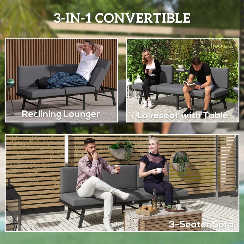 3-in-1 3-Seater Outdoor Sofa, Lounge Chair with 5-Position Adjustable Back, Patio Loveseat with Folding Table, Grey