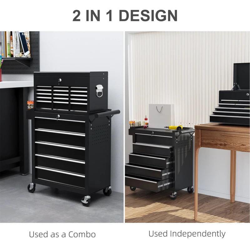 14 Drawer Rolling Tool Chest, Lockable Tool Storage Cabinet with Detachable Top Toolbox, Protective Liner, Black