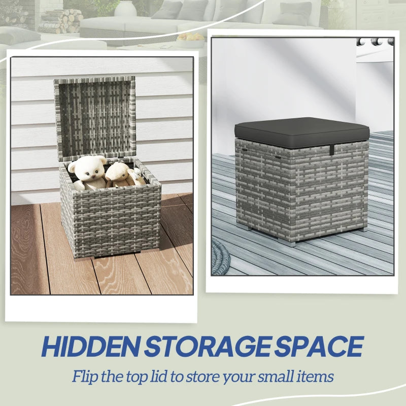 2 Pieces Wicker Outdoor Ottoman with Storage, Cushion, Square Outdoor Footstool, Seating, Side Table, Dark Grey