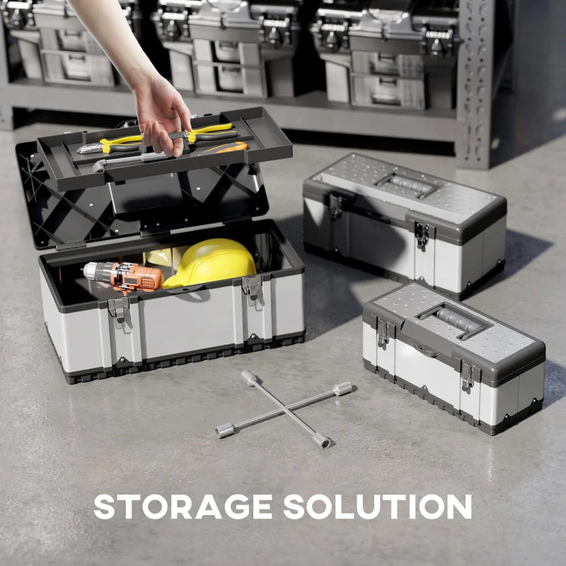 3 Pieces Tool Box Set, Stainless Steel Toolbox with Tray, Handles, Latches, Tool Case for Workshop, Garage