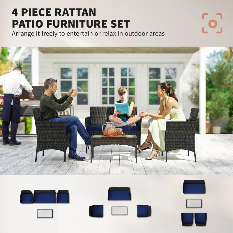 4 Pieces Wicker Outdoor Balcony Furniture Set Rattan Patio Furniture Set with Loveseat Chairs Glass Coffee Table Navy Blue
