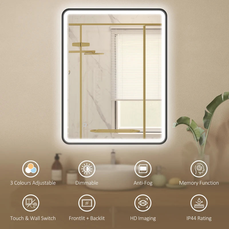 36" x 28" Bath Mirror with LED Lights, Wall Mounted Restroom Mirror, 3 Colours, Dimmable, Horizontal/Vertical, Black