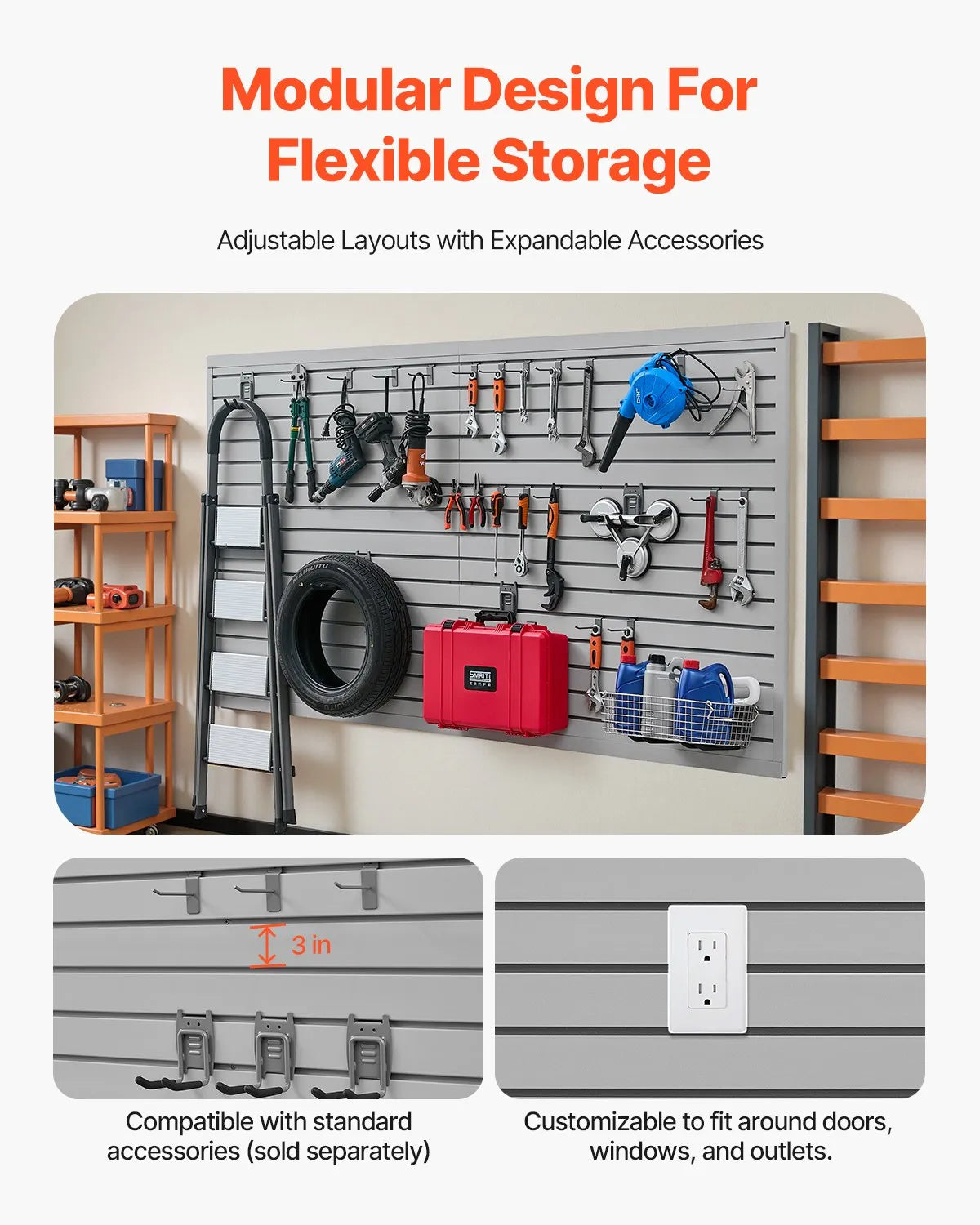 VEVOR 8 x 4 ft Slat Wall Paneling PVC Grey Garage Slatwall with Accessories
