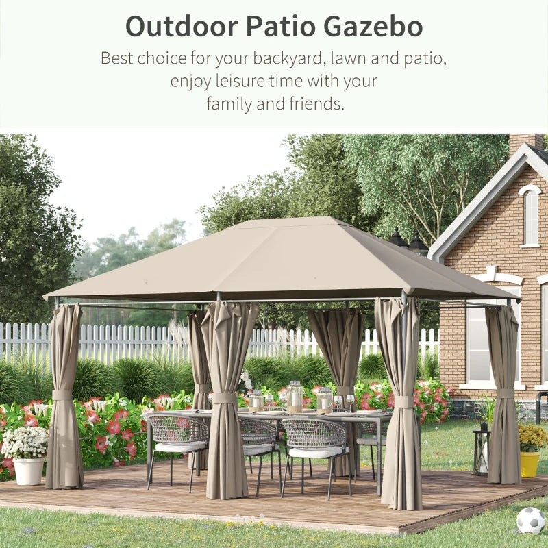 13'x 10' Soft-top Steel Patio Gazebo Canopy Party Tent with 6 Removable Curtains and Drainage Holes, Khaki