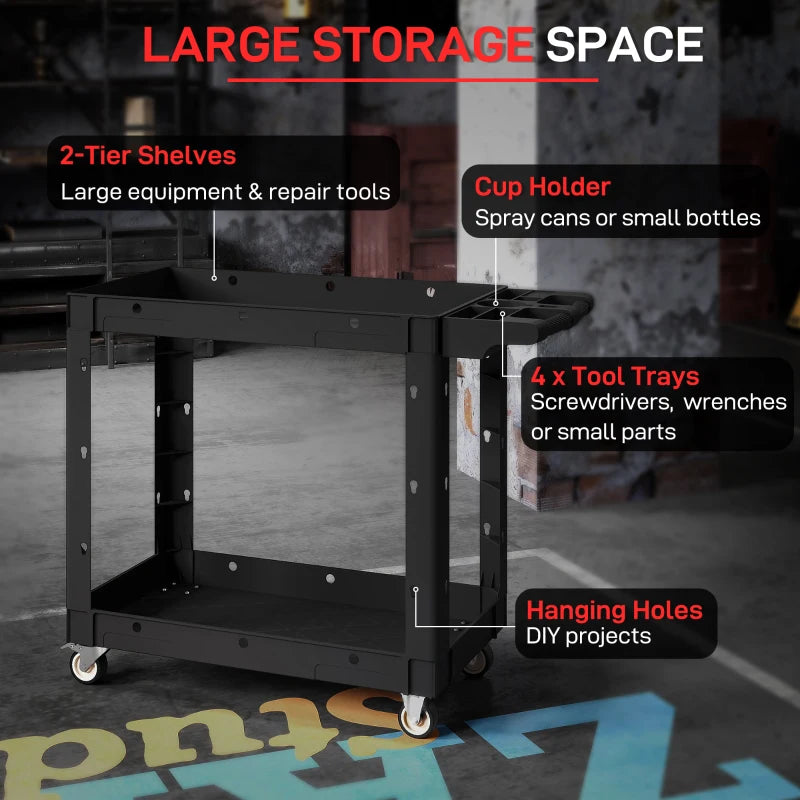 2-Tier Rolling Tool Cart with Wheels, 500 LBS Capacity Utility Cart with Handle, Mobile Service Tool Organizer, Black