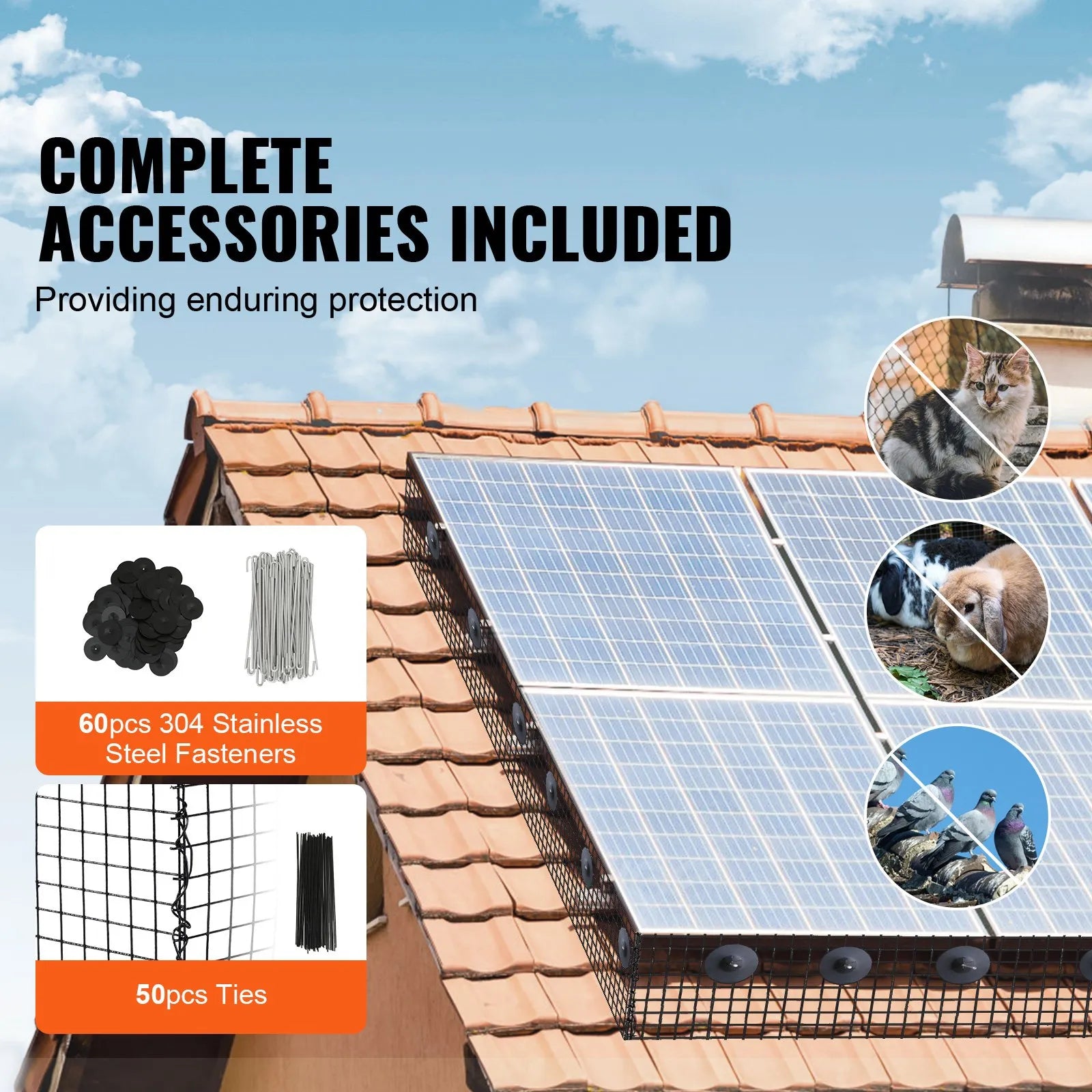 VEVOR 6 inch x 100ft Solar Panel Bird Guard, Critter Guard Roll Kit with 60pcs Stainless Steel Fasteners, Solar Panel Guard with Rust-proof PVC Coating, 1/2 inch Wire Roll Mesh