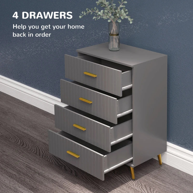 4 Drawer Cabinet, Drawer Chest for Bedroom, Chest of Drawers with Aluminium Legs and Gold Handles, Dark Grey