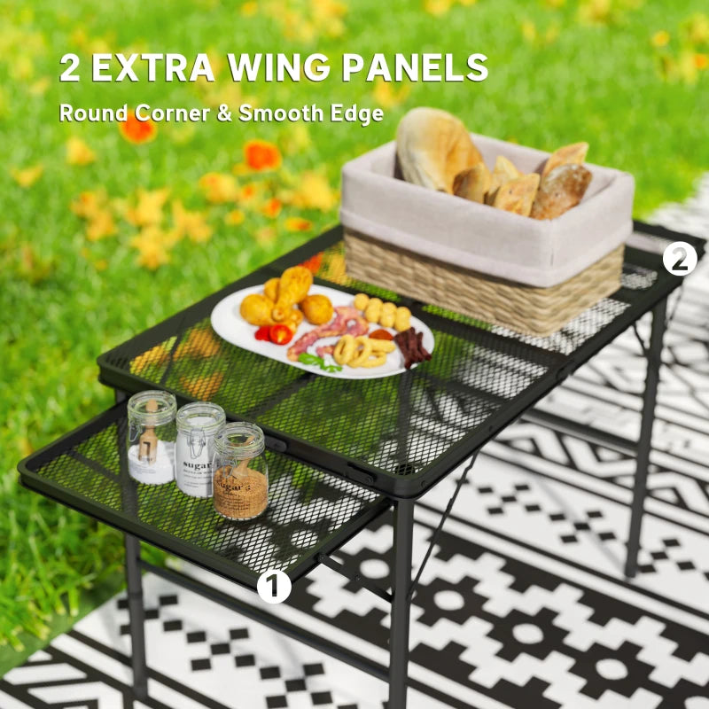 4.5ft Folding Grill Table, Height Adjustable Camping Table w/ Wing Panels, Metal Portable Picnic Table w/ Mesh Desktop