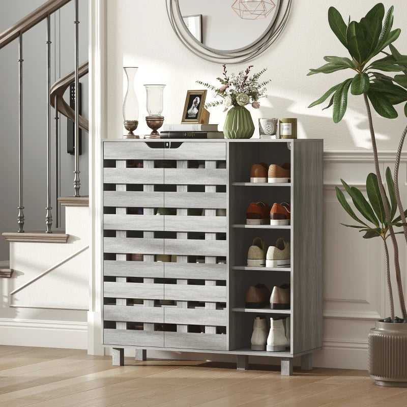 Shoe Cabinet, 21 Pair Shoe Storage Cabinet Organizer with 5-tier Double Door Cabinet and 5-tier Open Shelves, Light Grey
