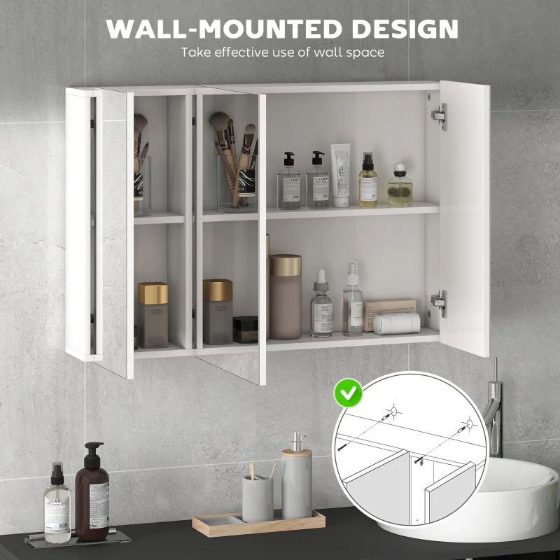 35" x 24" Wall Mounted Mirror Cabinet, Bathroom Medicine Cabinet with Mirror, 3 Doors and Adjustable Shelves, White