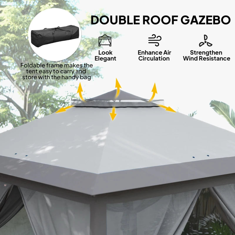 11' x 11' Pop Up Gazebo, Double Roof Foldable Height Adjustable Canopy Tent with Mesh Sidewalls, Carrying Bag, Grey