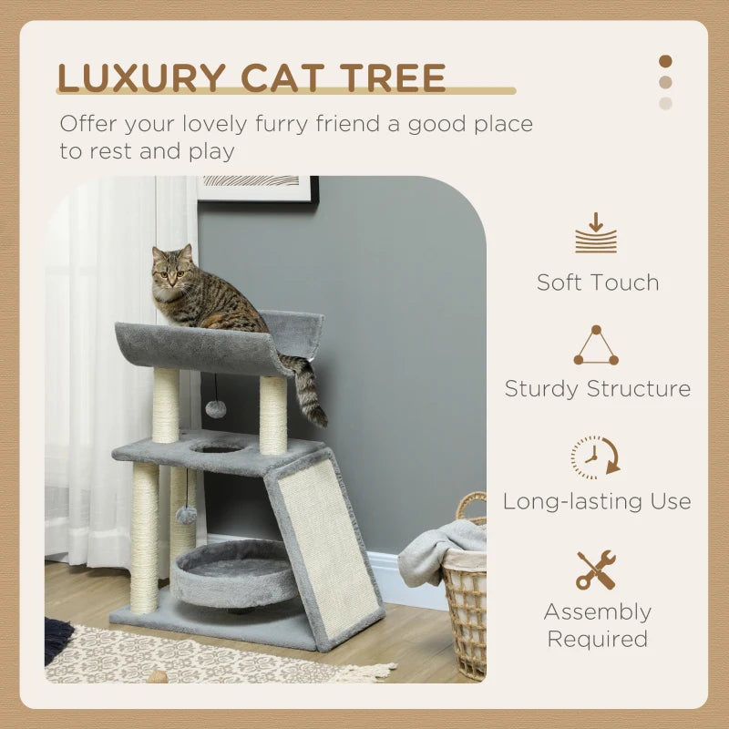 Small Cat Tree with Perch, Scratching Posts, Pad, Bed, Toy Balls, Light Grey