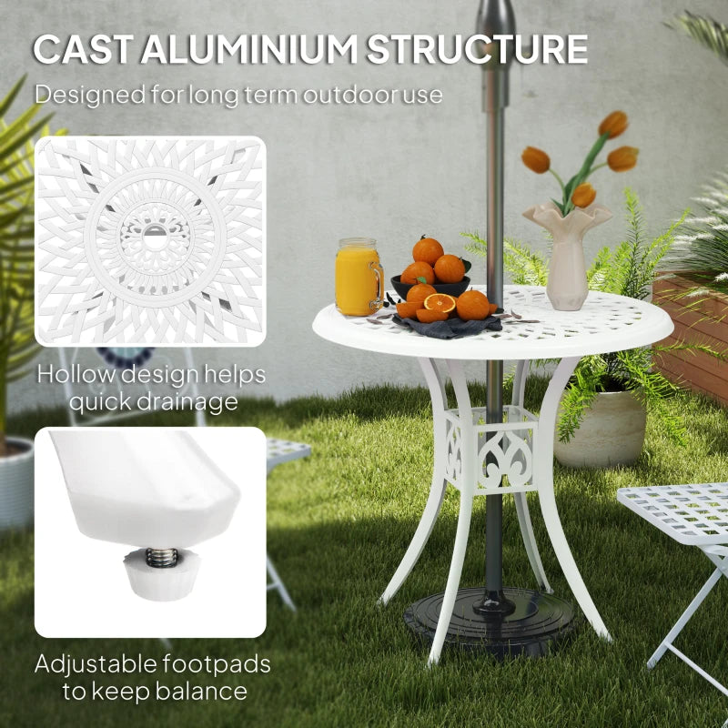 30-inch Round Patio Dining Table with Umbrella Hole Cast Aluminium Outdoor Bistro Table, White