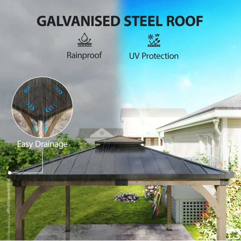 12' x 14' Hardtop Gazebo Canopy with Galvanized Steel Roof, Wood Frame, Double Roof Outdoor Gazebo, Light Walnut
