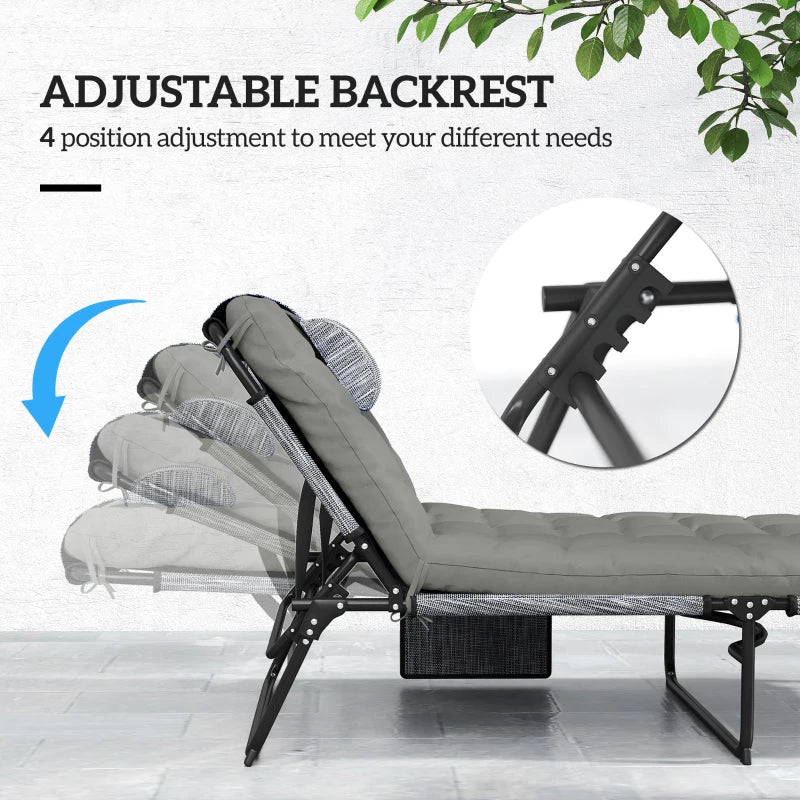 2-Piece Folding Lounge Chairs with Adjustable Backrest, Tanning Chair with Cushion, Side Pocket, Headrest, Grey