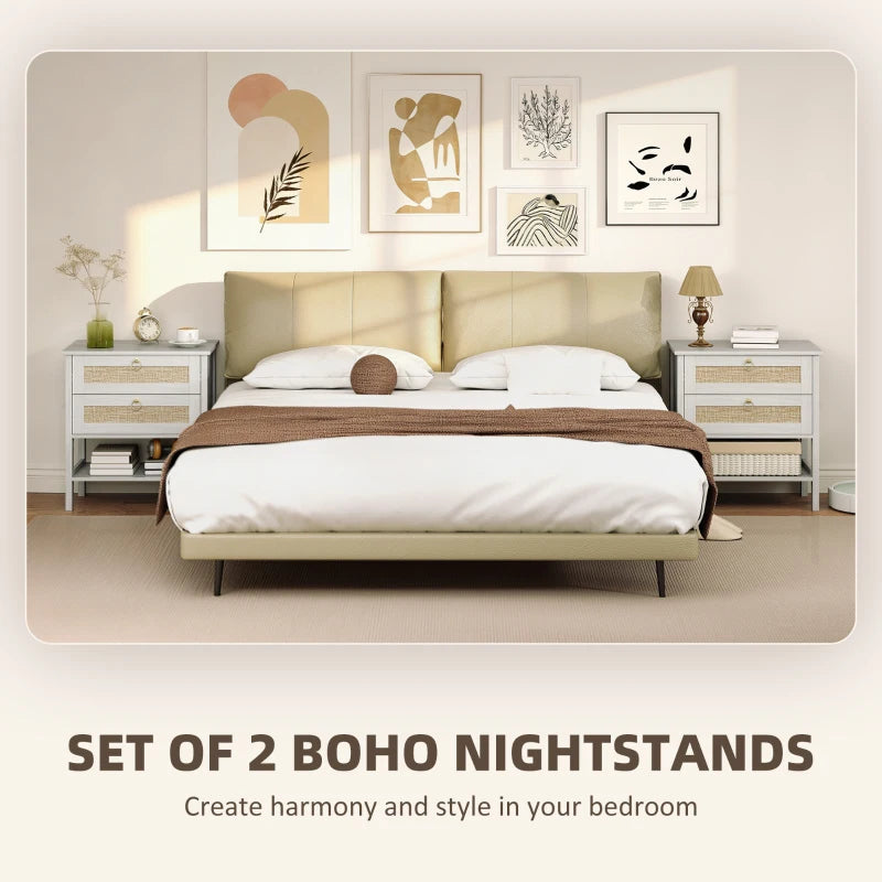 Set of 2 Boho Bedside Tables, Rattan Nightstands with 2 Drawers, Storage Shelf, End Side Tables for Bedroom, White Oak