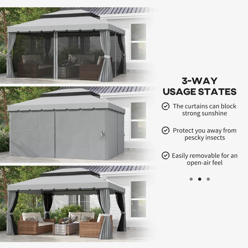 13' x 10' Patio Gazebo Canopy with 2-Tier Polyester Roof, Vented Mesh Sidewall & Strong Aluminum Frame, Light Grey