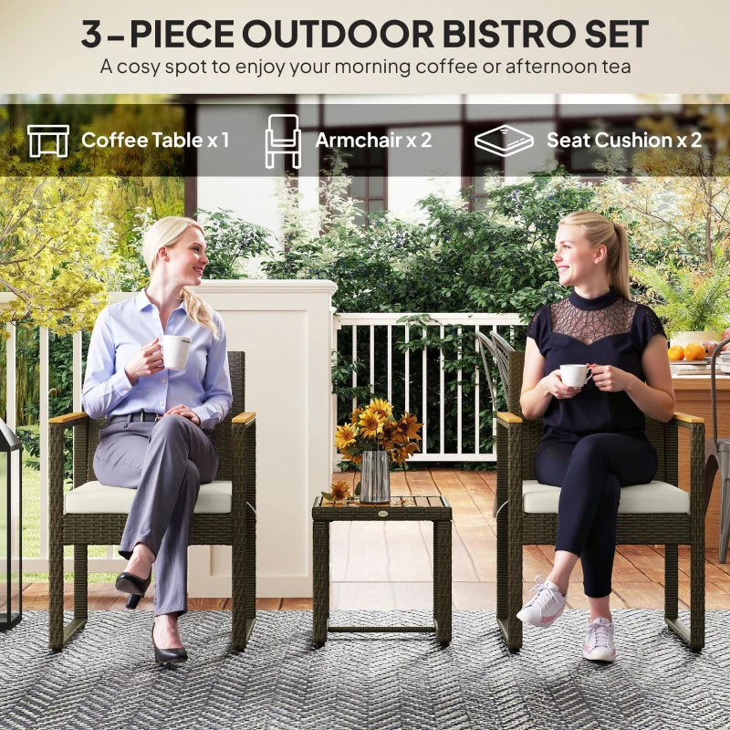 3 Pieces Wicker Patio Furniture Set, Rattan Bistro Set w/ Acacia Wood Table & Removable Cushions, White